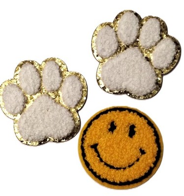 Paw Print Smile 3D Chenille Patch Set of 3 Iron On  Gold   Sparkle White Fuzzy