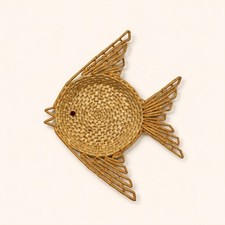 Vintage MCM woven wicker basket fish decor