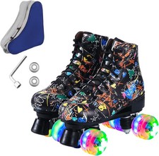 Roller Skates Men  Women Black Derby Roller Skates W/ 4 Shiny Wheel Classic