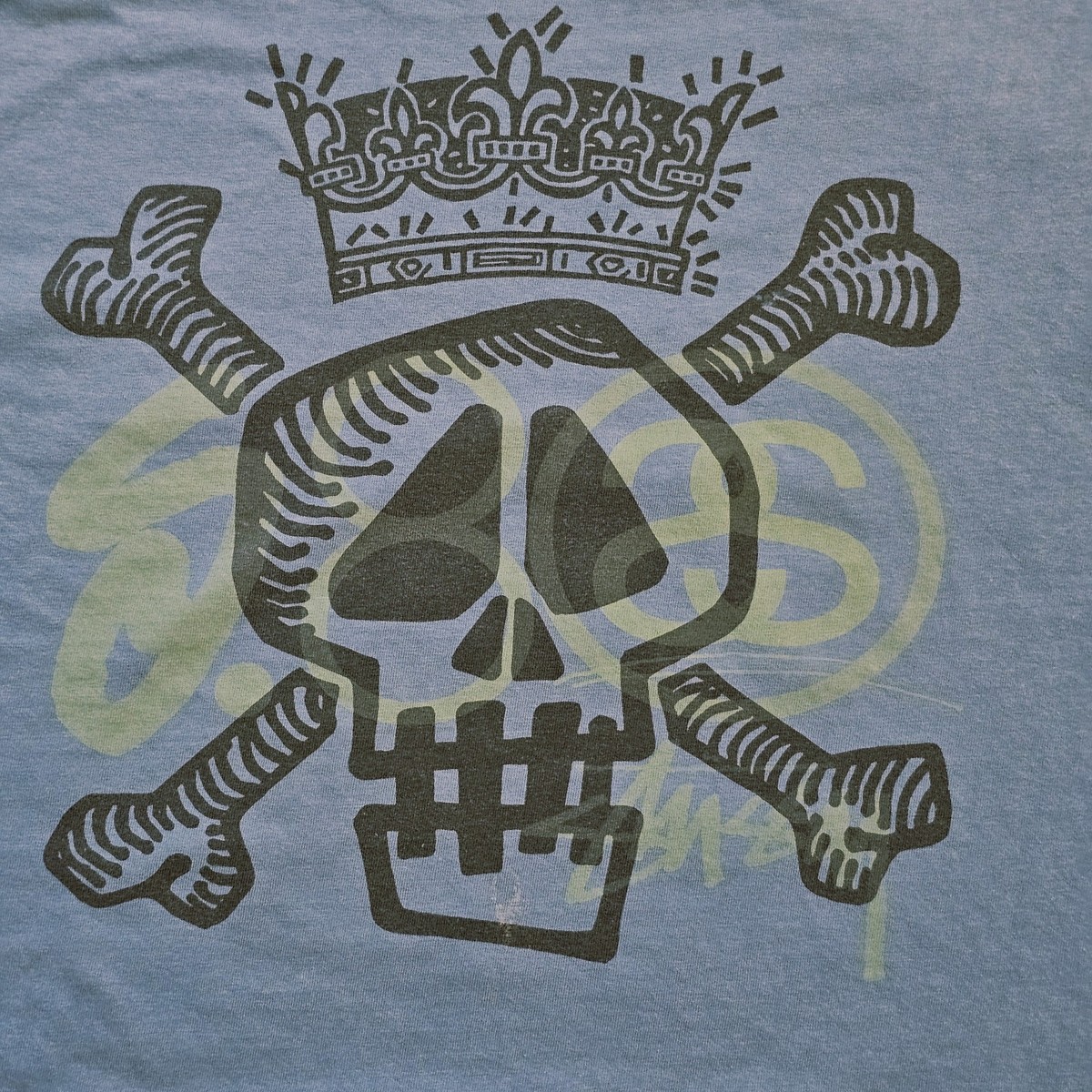Vintage Y2K Stussy Shirt Skull Crossbones Crown Large Blue 90s