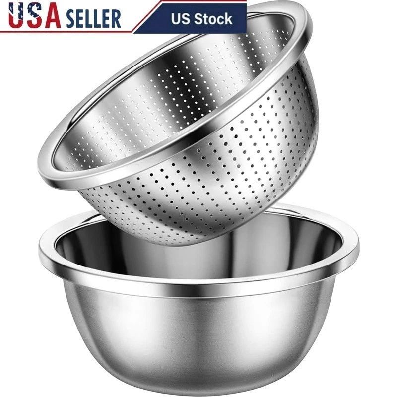 Stainless Steel Colander W/ Mixing Bowl Set Drain Strainer Kitchen Tool New