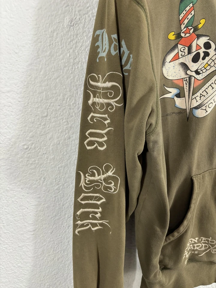 Sudadera con Capucha Ed Hardy Christian Audigier 3XL Verde Muerte Antes del Dishonor Y2K *Defectos Foto 4 de 4