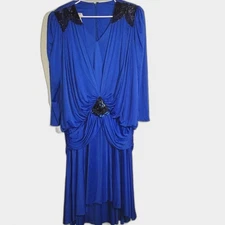 Vintage Claralura Blue 80s Flapper Gatsby Beaded Party Dress 12