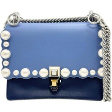 FENDI 8M0381 Mini Kanai Chain Shoulder Bag Leather Blue Italy Good Condition
