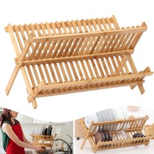 Image of 2 Tier Bamboo Dish Drainer Foldable Wooden Plate Drying Rack Kitchen Organiser