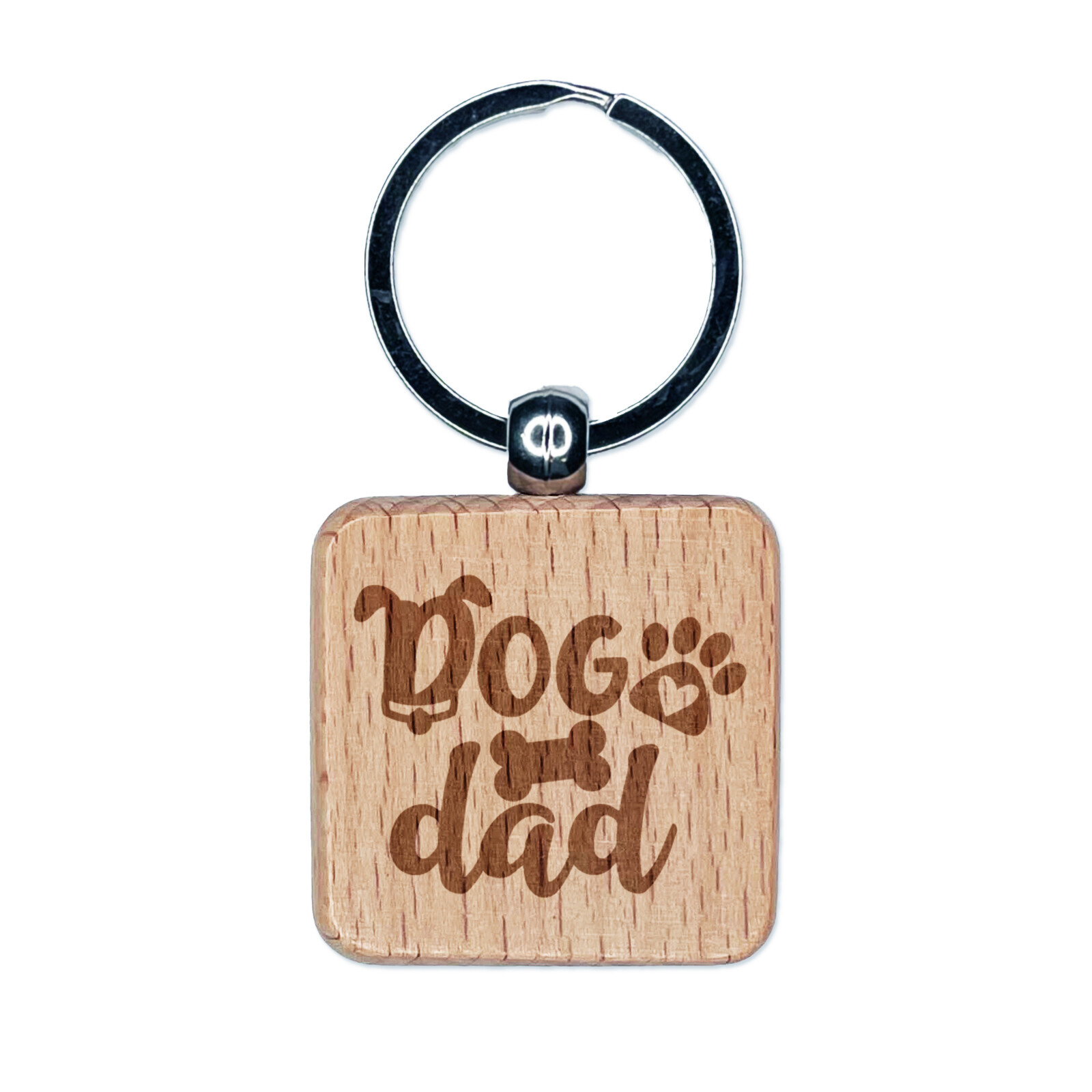 Engraved Paw Print Keychain for Dog Dads - Wooden Square Pet Tag Charm