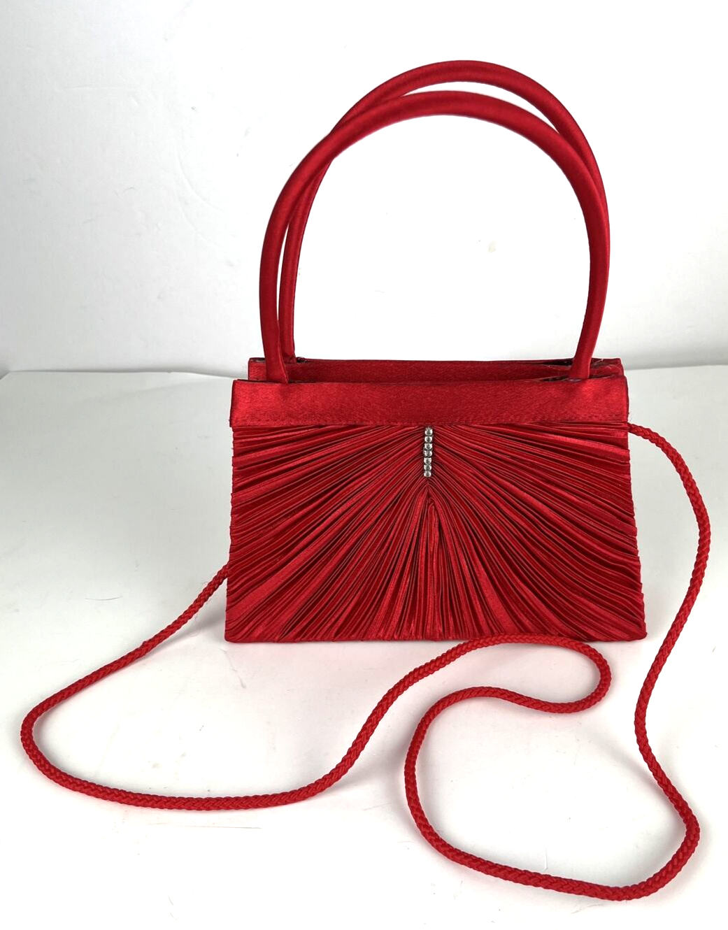 Handbag Women's Small Red Pleated Purse Handles Cord Fabric Vintage 8x5.5x2.5