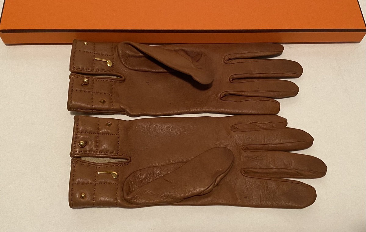 Hermes Studded Constance H Logo Gloves Vintage Tan Leather