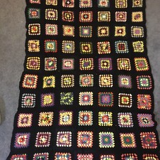 Grandma s Quilt Squares Afghan Blanket - Multi-Color Black Approx 4 X 6 VTG