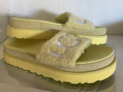 UGG Laton Fur 1111236 Yellow Open Toe Slide Slipper Platform Shoes Size US 