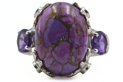 STS Karis Signed Rhodium Plate Purple Mojave Turquoise Cab Amethyst Ring Sz 7