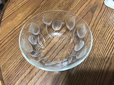 Crystal Bowl by Teleflora, textured embossed tulips pattern, 1980 s
