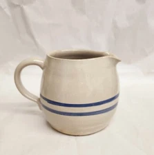 VINTAGE STONEWARE SALT GLAZE PITCHER BLUE STRIPES FARMHOUSE CROCK DECOR