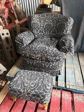 Black Pattern Armchair Footstool Round Back Brocade Fabric Cottage Style