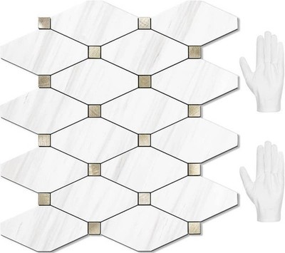 STICKGOO 8 Sheets Peel and Stick Dolomite Mosaic Tile, White Marble/Metal Look