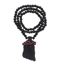 Large Wooden Jesus Face Pendant Necklace, 10mm 34" Black Wooden Chain