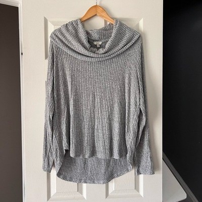 Lucky Brand Gray Ribbed Cowl Neck Sweater Women s Size L Long Sleeve Soft Knit