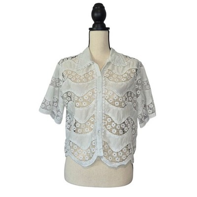 Ultra Pink White Guipure Lace Wave Panel Short Sleeve Button Up Crop Top size S