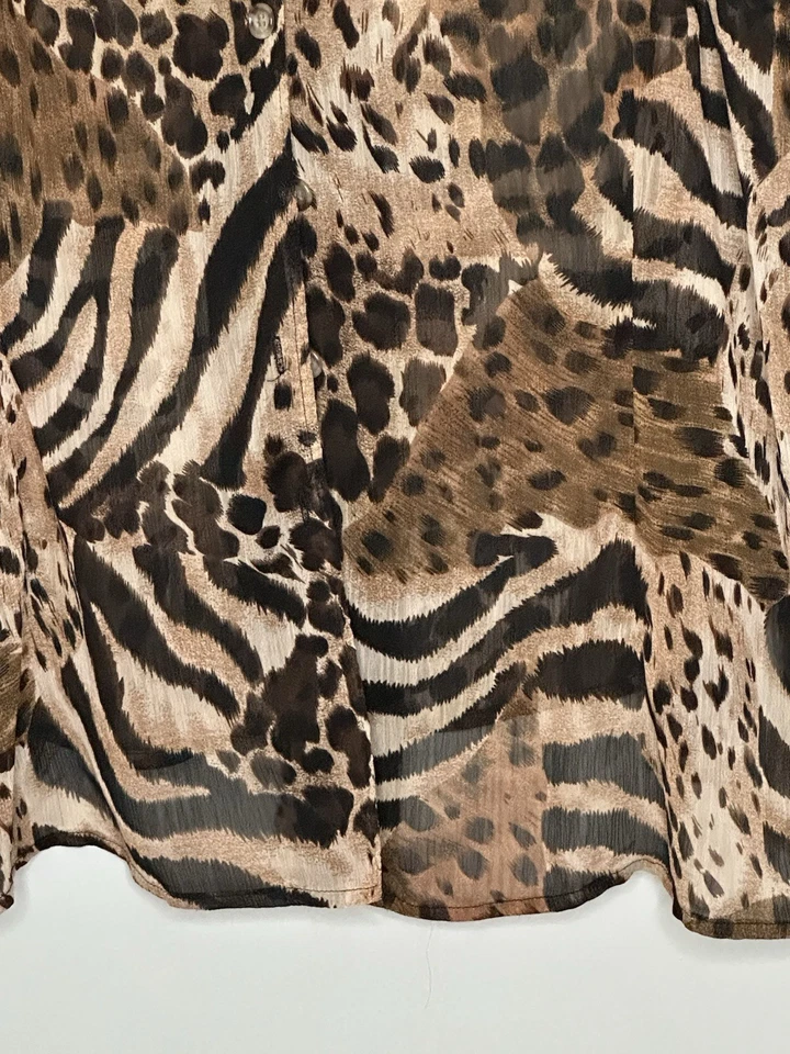 Top túnica estampado de leopardo RQT transparente talla 3x marrón negro botones 3/4 mangas divididas Foto 2 de 4