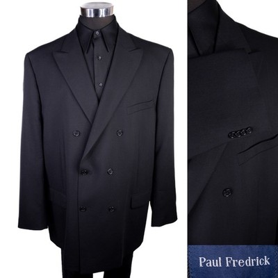 Paul Fredrick Sport Coat Blazer Sz 50L Solid Black Double Breasted Wool Jacket