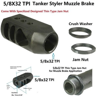 Steel Tanker Muzzle Brake 5/8x32 TPI With Jam Nut and Crush Washer For 458 SOCOM