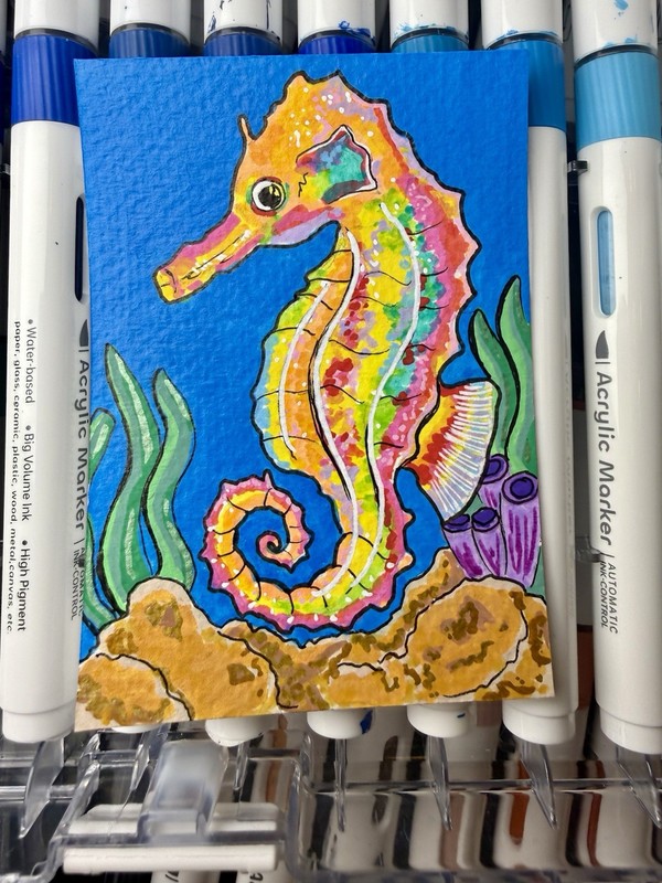 ACEO Original Art Card, Acrylic, 2.5 x 3.5, Seahorse by Huesofmydimensions