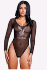 Playboy Black Sheer Stretch Long Sleeve Bodysuit Rhinestone Bunny Logo S — photo 1