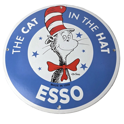 #ad Vintage Esso Gasoline Sign Dr Seuss Cat Hat Gas Service Porcelain Sign $145.47