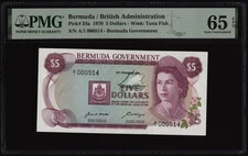 Bermuda 5 Dollars 1970 P24a PMG Gem Uncirculated 65 EPQ LOW SERIAL NUMBER