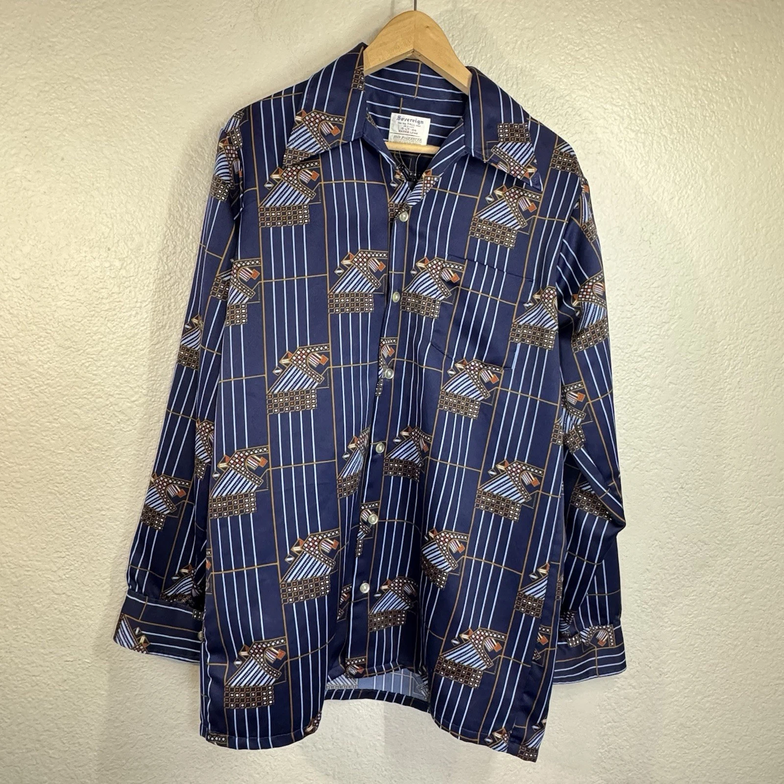 VTG 70s Sovereign Shirt Blue Button Front Dagger Collar Retro Print Men XL 16.5