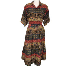 vtg blue 100 Silk Skirt set 6 Career Geometric abstract top shirt blouse sz m