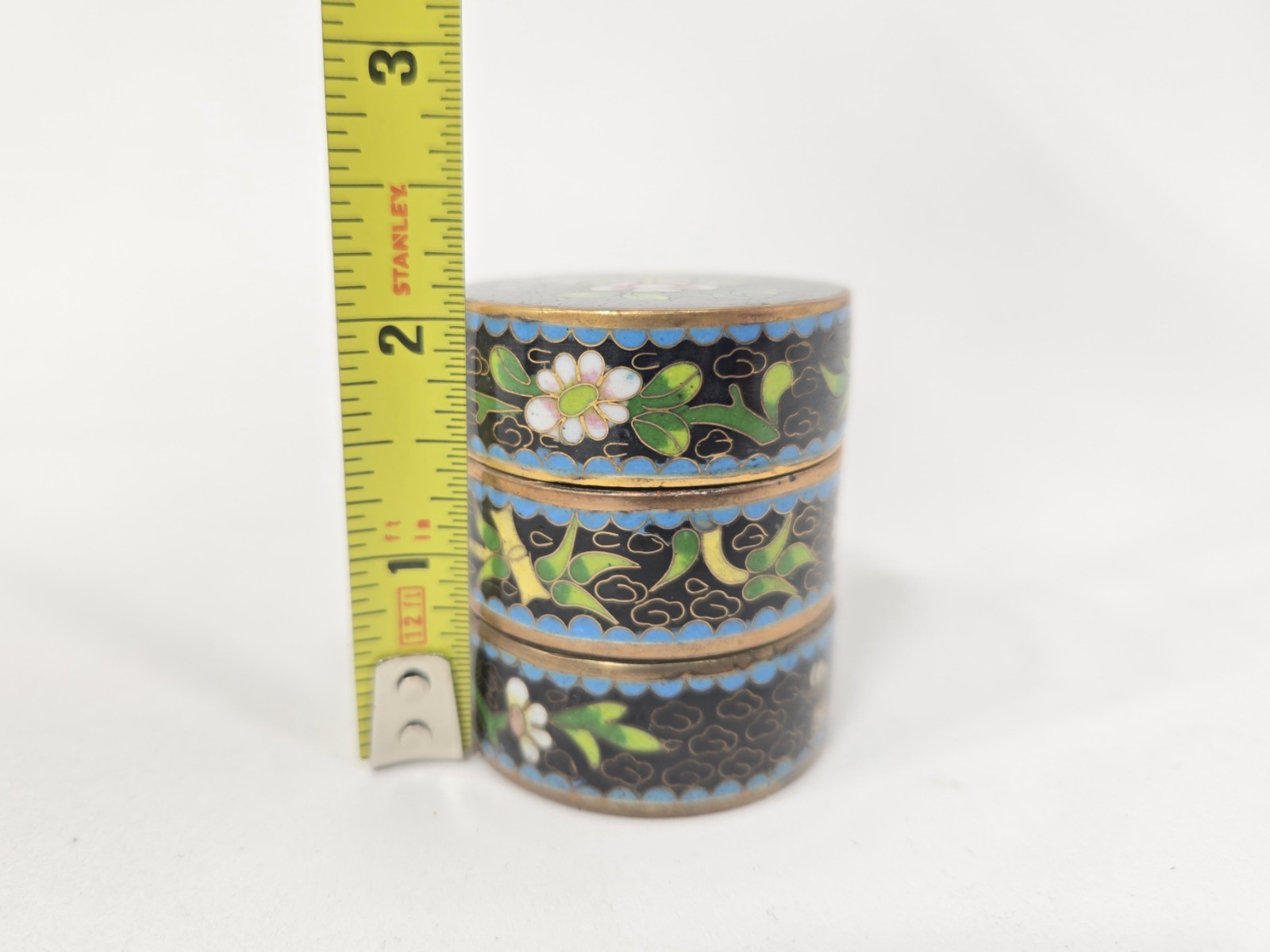 Vtg Chinese Cloisonné Black 3 Piece Stacking Trinket Jewelery Stash Round Box