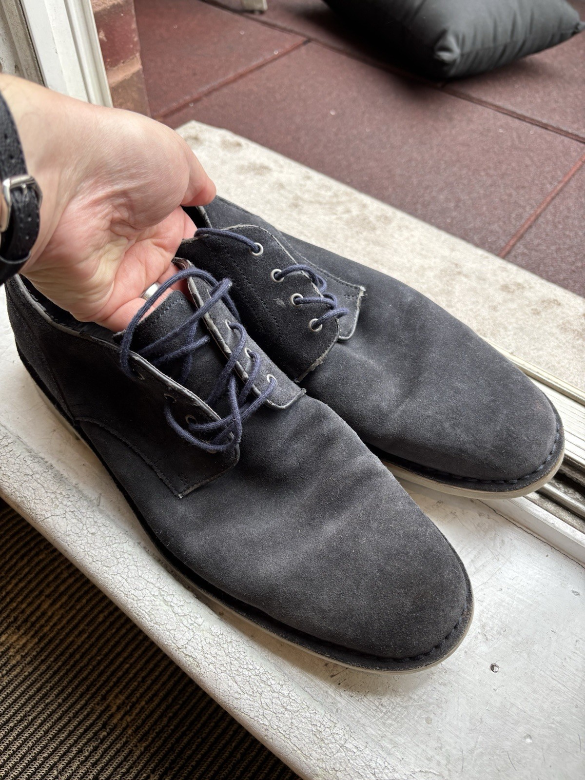 SAOLA Scarpe derby uomo John Varvatos taglia 12 blu navy scamosciate suola gomma bianca