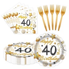 60 PCS 40th Birthday Decorations White Gold Paper Plates Napkins Forks Set