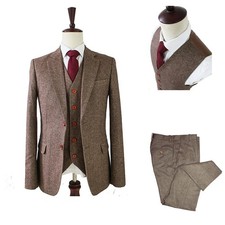 Men Brown Wool Tweed Vintage Notch Lapel 3 Piece Prom Groom Tuxedo Wedding Suit