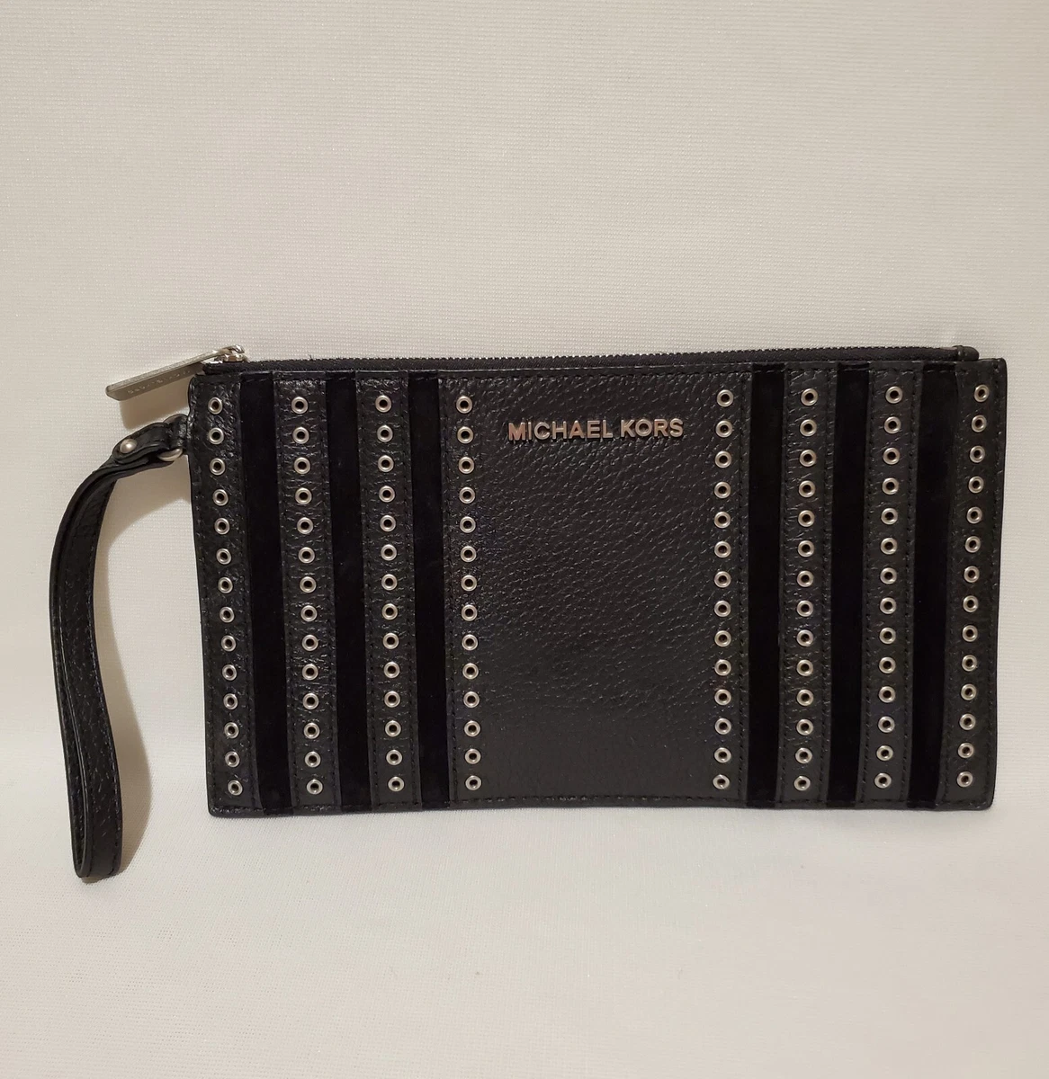 Michael Kors Mini Grommets Large Zip Clutch Wristlet Black Leather