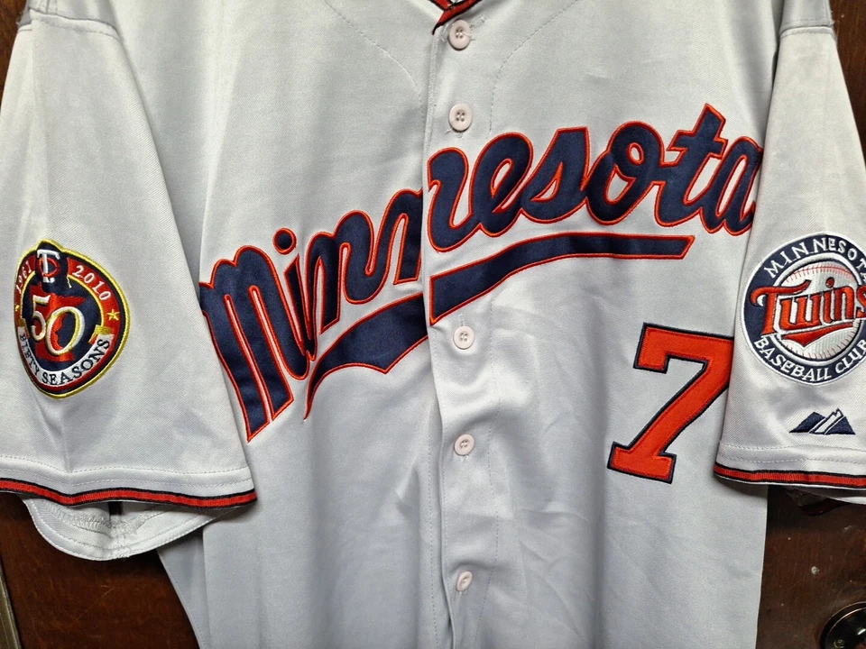 Camiseta deportiva auténtica Majestic Minnesota Twins Joe Mauer #7, talla 54, parches de doble brazo, Foto 3 de 4