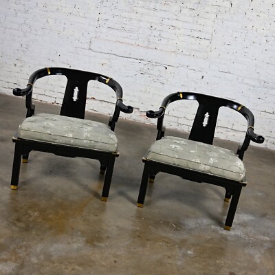 Vintage Chinoiserie Ming Style Yoke Back Chairs Black Lacquered Style James  Mont
