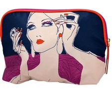 Estee Lauder Glamour Lady Art Deco Makeup Cosmetic Bag Pink Navy Zipper
