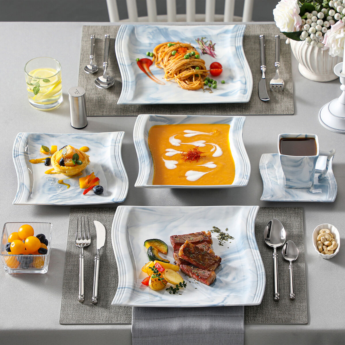 MALACASA, Series Flora, 30-Piece Porcelain Dinnerware Set, Marble