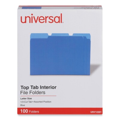 Universal 12301 1/3-Cut Tab Interior File Folders - Letter, Blue (100/BX) New