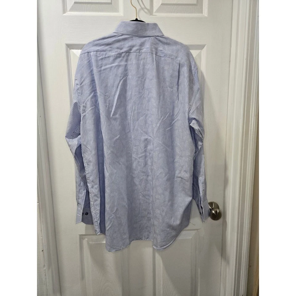 Lorenzo Uomo Blue Striped Trim Fit Dress Shirt Button Down Collar SZ 17.5 34/35 - Image 2 of 4
