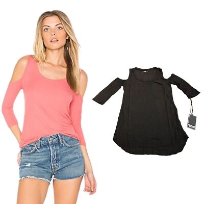 Michael Lauren Cold Shoulder Fitted Top Black Ribbed T-Shirt Size Medium NWT