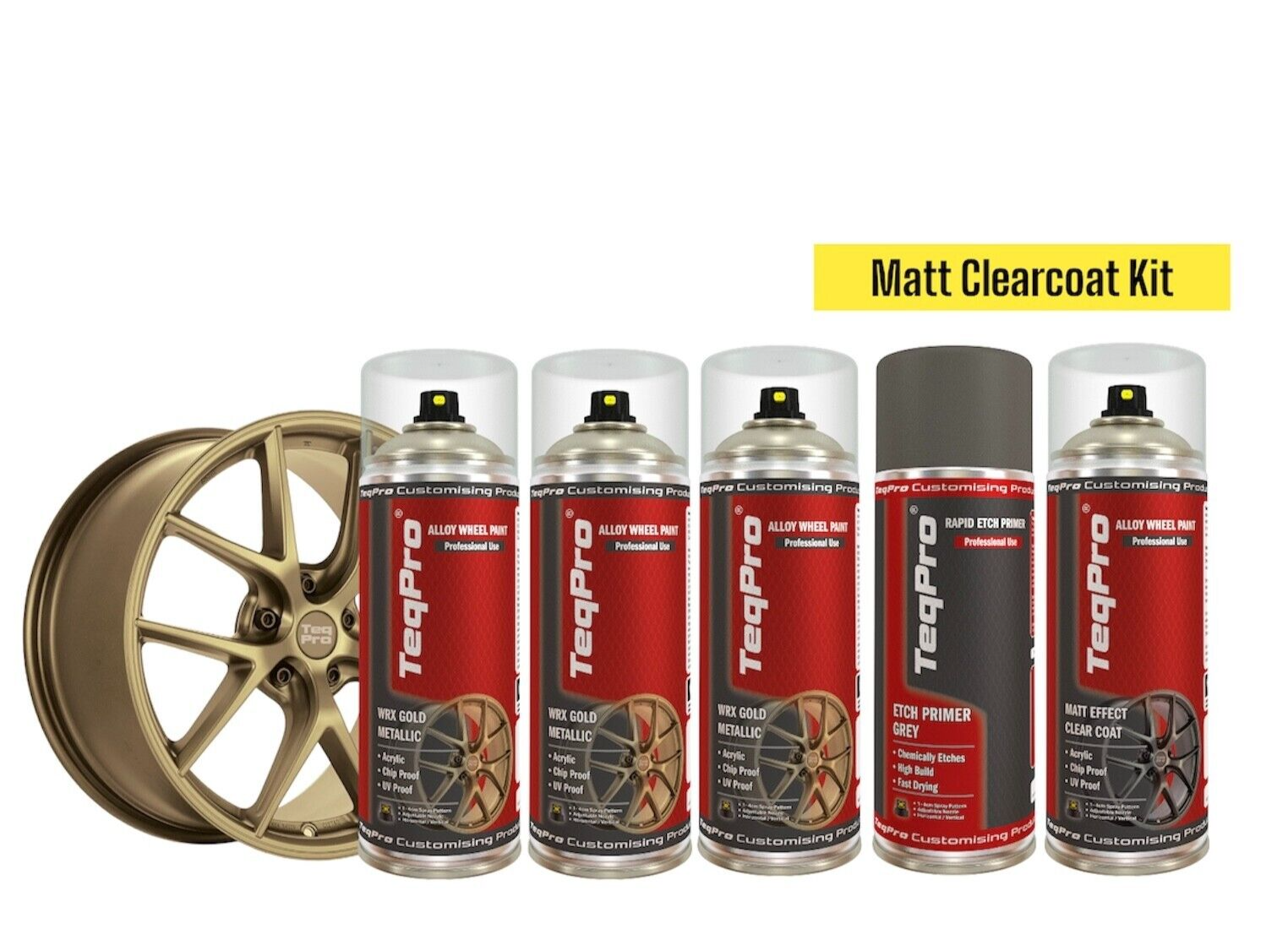 Alloy Wheel Spray Paint WRX GOLD x 3 + Grey Etch Primer + MATT CLEAR COAT