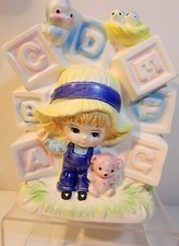 vintage nursery planter #7792 Boy with ABC baby blocks and birds