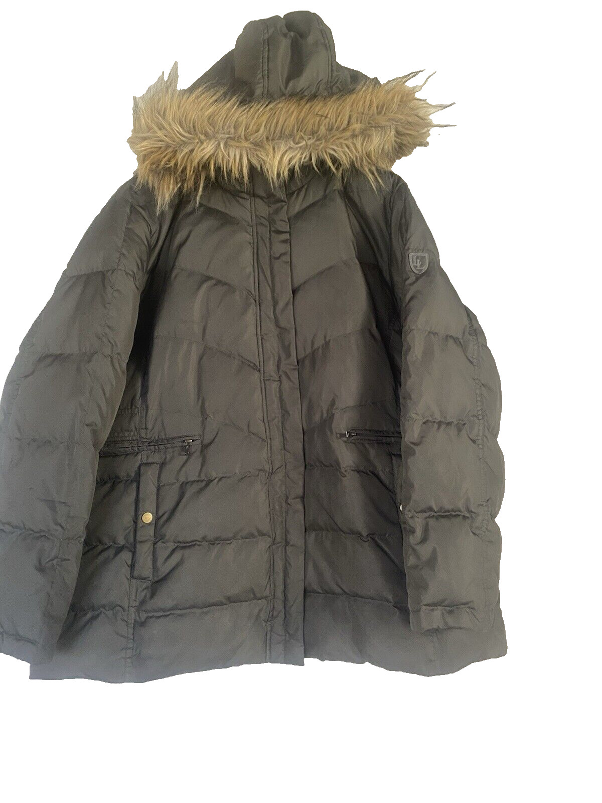 Larry Levine Women's Down Puffer Jacket Olive Faux Fur Trim Hood