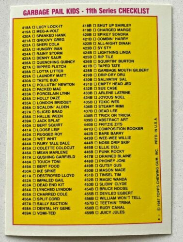 1987 GPK Topps cubo de basura niños 459a tarjeta VomiTED AMARILLO CLARO LISTA DE VERIFICACIÓN ERROR - Imagen 1 de 2