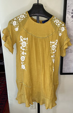 Women’s Blue Rain Women’s M Short Mustard Yellow Embroidered Dress BOHO