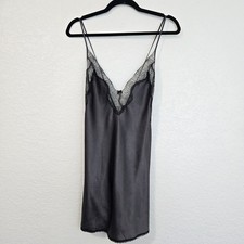 Victoria's Secret Large Gray Lace Trim Satin Slip Chemise Sleep Dress Nightgown