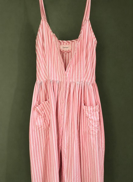 THE GREAT. Pink/White Striped Midi Sundress V-Neck Button Front Pockets Sz 1